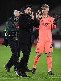 Images Dated 3rd December 2020: Arsenal's Mikel Arteta Celebrates with Fans after Europa League Victory over Rapid Wien