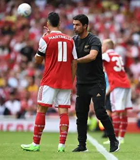 Arsenal's Mikel Arteta Coaches Gabriel Martinelli During Arsenal v Sevilla Emirates Cup Match