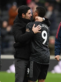 Images Dated 12th March 2023: Arsenal's Mikel Arteta Embraces Gabriel Jesus: Fulham vs Arsenal, Premier League 2022-23