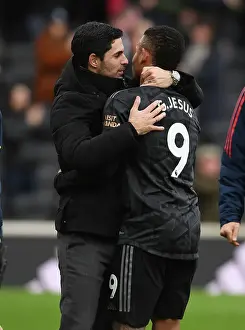 Arsenal's Mikel Arteta Embraces Gabriel Jesus: Fulham vs Arsenal, Premier League 2022-23