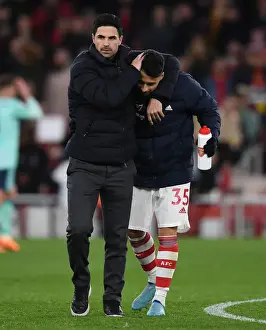 Arsenal's Mikel Arteta and Gabriel Martinelli Celebrate Victory Over Leicester City