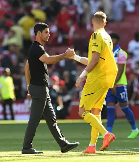 Arsenal V Leicester City 2022-23 Prints: Arsenal's Mikel Arteta Greets Aaron Ramsdale After Arsenal v Leicester City Match