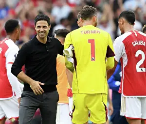 Arsenal's Mikel Arteta Interacts with Nottingham Forest's Matt Turner After 2023-24 Premier League Match