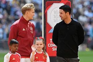 Arsenal's Mikel Arteta and Martin Odegaard Pre-Match Interaction at 2023-24 Community Shield vs Manchester City