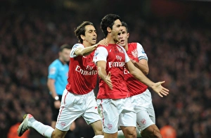 Arsenal's Mikel Arteta, Yossi Benayoun, and Robin van Persie Celebrate Goals Against West Bromwich Albion (2011-12)