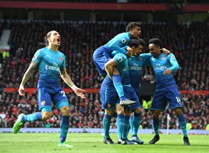 Arsenal's Mkhitaryan, Aubameyang, Xhaka, Iwobi, and Bellerin Celebrate Goal Against Manchester United