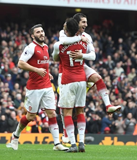 Arsenal V Watford 2017-18 Prints: Arsenal's Mkhitaryan, Kolasinac, and Aubameyang Celebrate Goals Against Watford