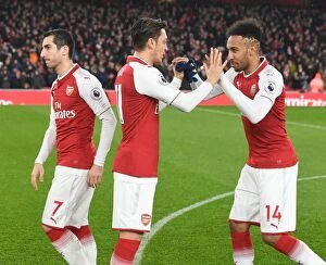 Images Dated 3rd February 2018: Arsenal's Mkhitaryan, Ozil, and Aubameyang Prepare for Arsenal v Everton, Premier League 2017-18