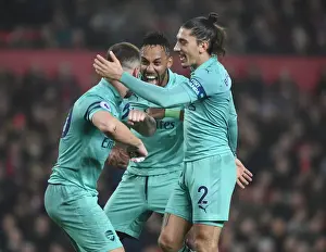 Arsenal's Mustafi, Aubameyang, and Bellerin Celebrate Goal Against Manchester United (2018-19)