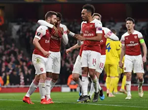 Arsenal V BATE Borisov 2018-19 Prints: Arsenal's Mustafi and Aubameyang: United in Victory - Europa League Goal Celebration