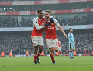 Arsenal V Burnley 2016-17 Prints: Arsenal's Mustafi and Iwobi Celebrate Goal Against Burnley (2016-17)
