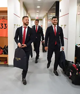 Arsenal V Leicester City 2017-18 Prints: Arsenal's Mustafi and Kolasinac in the Home Team Huddle before Arsenal v Leicester City (2017-18)