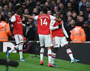 Arsenal's Nketiah, Saka, and Aubameyang: Celebrating the First Goal Against Everton (2019-20)