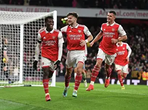 Arsenal's Nketiah Scores Hat-Trick: Celebrating with Tierney and Xhaka (2022-23)