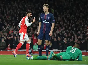 Arsenal V Paris Saint-Germain 2016-17 Prints: Arsenal's Olivier Giroud Celebrates Second Goal Against Paris Saint-Germain in 2016-17 UEFA Champions League