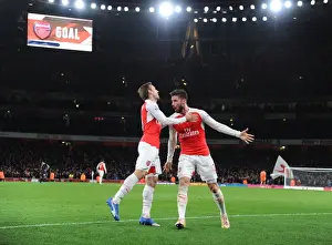 Arsenal V Manchester City 2015-16 Prints: Arsenal's Olivier Giroud and Nacho Monreal Celebrate Goals Against Manchester City (2015-16)