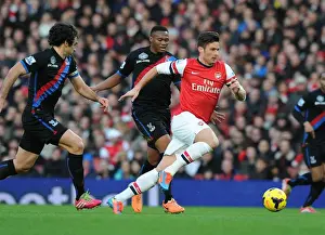 Arsenal V Crystal Palace 2013-14 Prints: Arsenal's Olivier Giroud Outmaneuvers Crystal Palace Defenders Kagisho Dikgacoi and Mile Jedinak