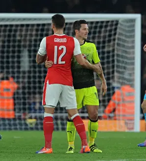 Arsenal V Reading EFL Cup 2016-17 Prints: Arsenal's Olivier Giroud and Yann Kermorgant of Reading: A Clash in the EFL Cup