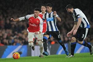 Arsenal v Newcastle United 2015-16 Collection: Arsenal's Oxlade-Chamberlain Goes Head-to-Head with Newcastle's Dummett and Perez