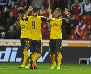 Nottingham Forest V Arsenal EPL Cup 3rd Round 2016-17 Prints: Arsenal's Oxlade-Chamberlain and Perez Celebrate Goals in EFL Cup Victory over Nottingham Forest