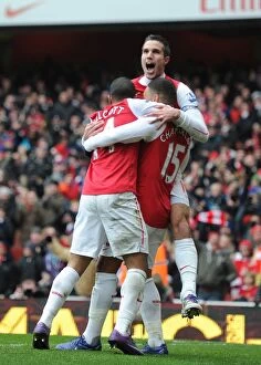 Images Dated 4th February 2012: Arsenal's Oxlade-Chamberlain, Walcott, and van Persie Celebrate Goals Against Blackburn Rovers