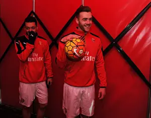 Arsenal V Newcastle United 2015-16 Prints: Arsenal's Ozil and Chambers: Pre-Match Focus at Emirates Stadium (Arsenal v Newcastle United)