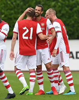 Arsenal's Pablo Mari and Calum Chambers Celebrate Goal in Arsenal v Millwall Pre-Season Friendly
