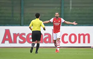 Arsenal's Pablo Mari Disputes Referee's Call During Arsenal vs. Millwall Pre-Season Friendly