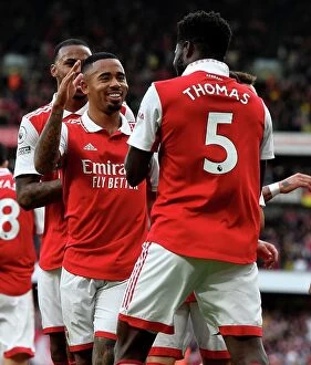 Arsenal v Nottingham Forest 2022-23 Collection: Arsenal's Partey and Jesus: Celebrating Four Goals Against Nottingham Forest (2022-23)
