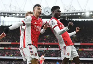 Arsenal's Partey, Martinelli, and Odegaard Celebrate Goal Against Leicester City (2021-22)