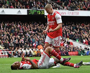 Arsenal's Penalty Celebration: Zinchenko and Jesus Rejoice in Arsenal FC's Victory over Leeds United (April 2023)