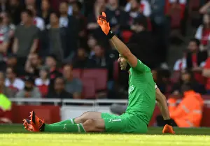 Arsenal's Petr Cech Signals Injury During Arsenal v Watford Premier League Match
