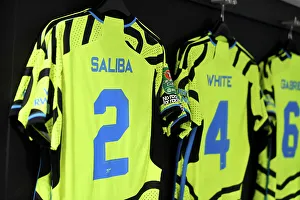 Arsenal's Pre-Match Preparation: William Saliba's Jersey in Arsenal Dressing Room (West Ham United vs Arsenal, Carabao Cup 2023-24)