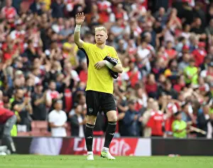 Arsenal's Ramsdale Celebrates Opener: Arsenal FC vs. Nottingham Forest, 2023-24 Premier League