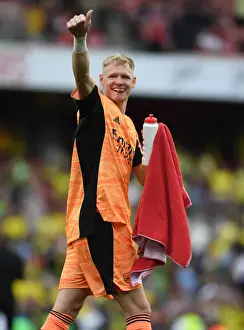 Arsenal's Ramsdale Celebrates Win Against Norwich City in 2021-22 Premier League