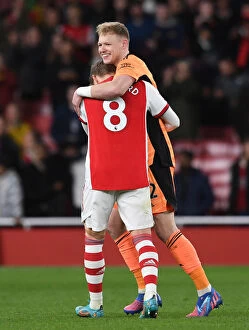 Arsenal v Leicester City 2021-22 Collection: Arsenal's Ramsdale and Odegaard Celebrate Victory Over Leicester City