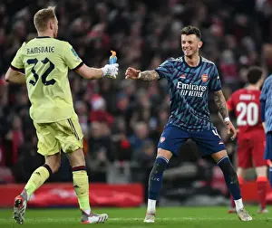 Liverpool V Arsenal Carabao Cup 21-22 Prints: Arsenal's Ramsdale and White Clash Heads in Carabao Cup Semi-Final Showdown Against Liverpool