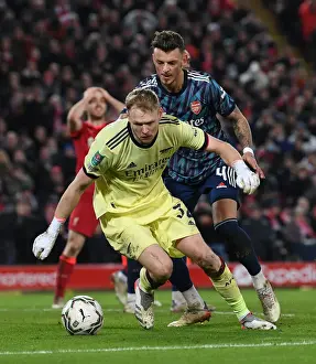 Liverpool V Arsenal Carabao Cup 21-22 Prints: Arsenal's Ramsdale and White Go Head-to-Head in Intense Carabao Cup Semi-Final Clash Against Liverpool