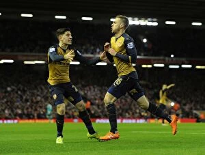 Images Dated 13th January 2016: Arsenal's Ramsey and Bellerin Celebrate Goal Against Liverpool (2015-16)