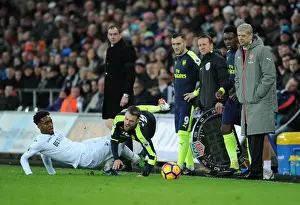 Swansea City V Arsenal - 2016-17 Prints: Arsenal's Ramsey Fouls by Swansea's Fer: Wenger and Team React