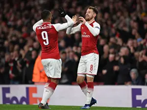 Arsenal V CSKA Moscow 2017-18 Prints: Arsenal's Ramsey and Lacazette Celebrate Goals in Europa League Quarterfinal vs