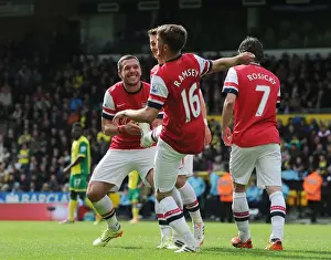 Norwich City V Arsenal 2013-14 Prints: Arsenal's Ramsey and Podolski: United in Victory - First Goal vs