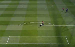 Arsenal V Monaco 2104/15 Prints: Arsenal's Ready Emirates Stadium for Monaco Clash (2015): A Closer Look at the Meticulously Marked Pitch