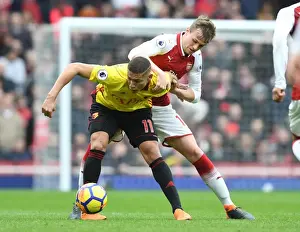 Arsenal V Watford 2017-18 Prints: Arsenal's Rob Holding Clashes with Richarlison in Intense Premier League Battle