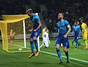 FC BATE Borisov V Arsenal 2017-18 Prints: Arsenal's Rob Holding and Per Mertesacker Celebrate Goal Against BATE Borisov in Europa League