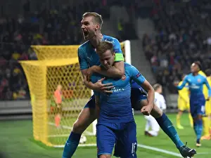 FC BATE Borisov V Arsenal 2017-18 Prints: Arsenal's Rob Holding and Per Mertesacker Celebrate Goals in Europa League Match