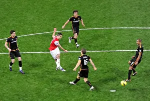 Arsenal V Wolverhampton Wanderers 2011-2012 Prints: Arsenal's Robin van Persie Faces Off Against Wolves Defenders During Premier League Clash