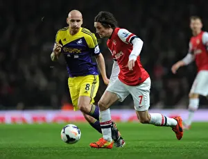 Arsenal V Swansea City 2013-14 Prints: Arsenal's Rosicky Clashes with Swansea's Shelvey in Premier League Showdown