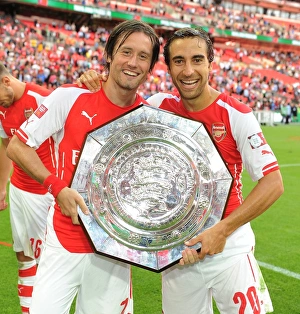 Arsenal's Rosicky and Flamini Celebrate FA Community Shield Victory over Manchester City