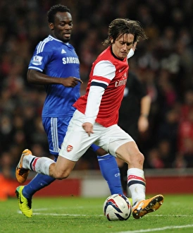 Arsenal V Chelsea - Capital One Cup 4th Rd 2013-14 Prints: Arsenal's Rosicky Outmaneuvers Chelsea's Essien in Capital One Cup Clash